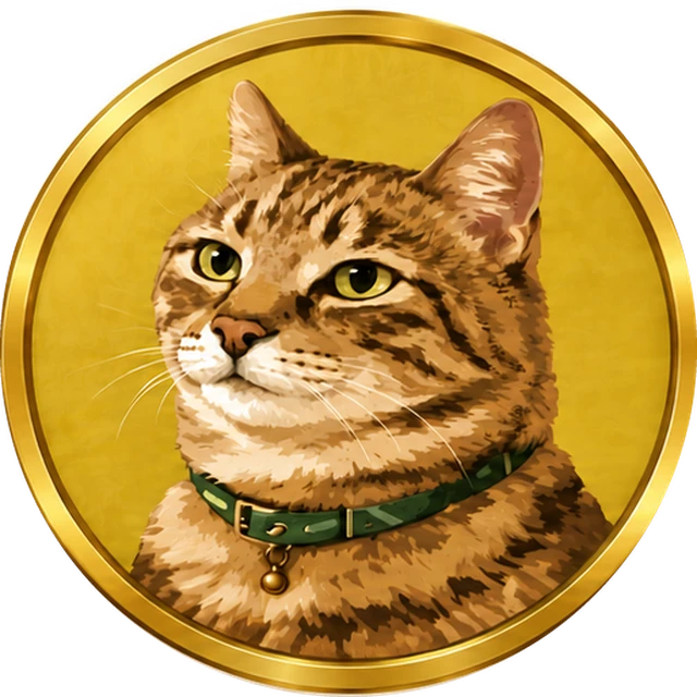 Ginnancoin: a painted portrait of Ginnan, a tabby in a green collar, on a gold coin